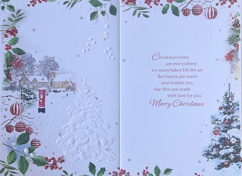 Grandson Christmas Card - Christmas Tree Village Scene and Silver Foil 7.5x5.25" Grandson Christmas Card - Christmas Tree Village Scene and Silver Foil 7.5x5.25"