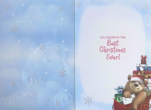 Cousin Christmas Card - Bear in Sleigh with Gifts and Gold Foil 7.5x5.25" Cousin Christmas Card - Bear in Sleigh with Gifts and Gold Foil 7.5x5.25"