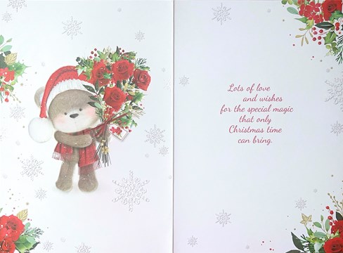Niece Christmas Card - Bear with Red Rose Bouquet and Gold Foil 7.5x5.25" Niece Christmas Card - Bear with Red Rose Bouquet and Gold Foil 7.5x5.25"