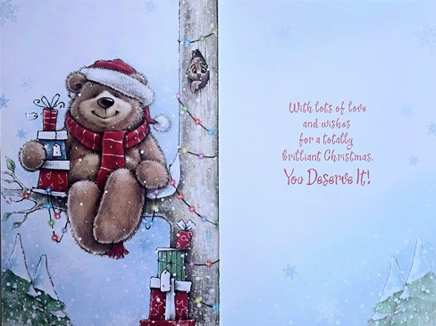 Son Christmas Card - Santa Bear Sat in Tree with Gifts and Red Foil 9x6" Son Christmas Card - Santa Bear Sat in Tree with Gifts and Red Foil 9x6"