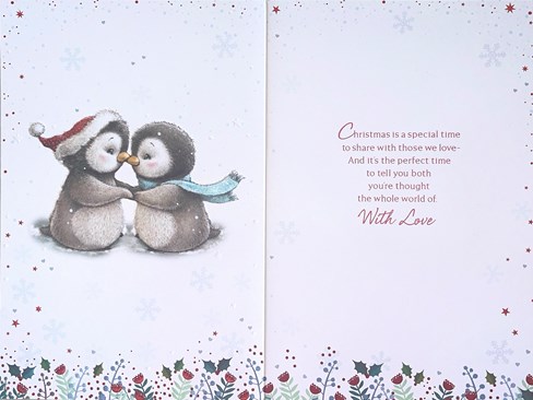 Granddaughter & Husband Christmas Card - Penguin Couple with Red Foil 9x6" Granddaughter & Husband Christmas Card - Penguin Couple with Red Foil 9x6"