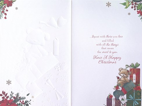 Granddaughter Christmas Card - Bear & Red Rose Sat on Gift Boxes Gold Foil 9x6" Granddaughter Christmas Card - Bear & Red Rose Sat on Gift Boxes Gold Foil 9x6"
