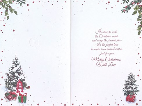 Granddaughter & Partner Christmas Card - Wreath on White Door with Red Foil 9x6" Granddaughter & Partner Christmas Card - Wreath on White Door with Red Foil 9x6"