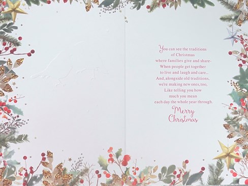 Open Happy Christmas Card - Red Robins on Tree with Holly Stars & Gold Foil 9x6" Open Happy Christmas Card - Red Robins on Tree with Holly Stars & Gold Foil 9x6"