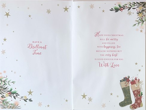 Sister & Family Christmas Card - Stockings and Holly with Gold Foil 9x6" Sister & Family Christmas Card - Stockings and Holly with Gold Foil 9x6"