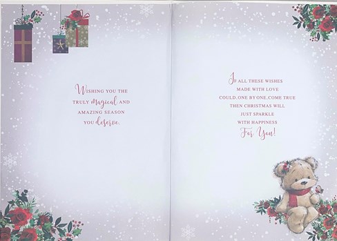 Mum Christmas Card - Bear with Robin Sat on Rose Garland & Gold Foil 9.75x7" Mum Christmas Card - Bear with Robin Sat on Rose Garland & Gold Foil 9.75x7"