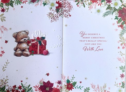Niece Christmas Card - Bear Sat by Gift Box Flower Border & Gold Foil 7.5x5.25" Niece Christmas Card - Bear Sat by Gift Box Flower Border & Gold Foil 7.5x5.25"