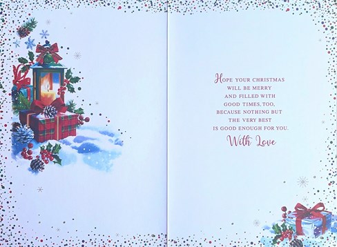 Great Grandson Christmas Card - Lantern & Gifts in Snow with Gold Foil 7.5x5.5" Great Grandson Christmas Card - Lantern & Gifts in Snow with Gold Foil 7.5x5.5"