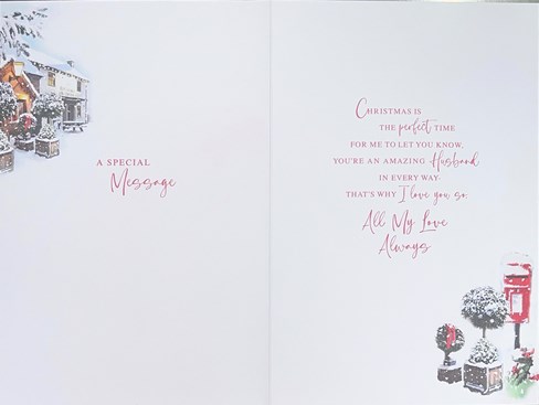 Husband Christmas Card - Post Box Outside Pub in Snow with Red Foil 9x6" Husband Christmas Card - Post Box Outside Pub in Snow with Red Foil 9x6"
