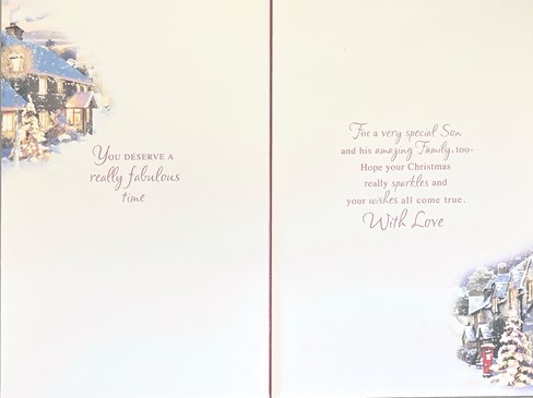 Son & Family Christmas Card - River Village Scene with Red Foil and Twine 9x6'' Son & Family Christmas Card - River Village Scene with Red Foil and Twine 9x6''