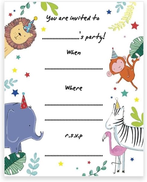 Pack Of 20 Children's Birthday Party Invites With Envelopes - Jungle Animal Pack Of 20 Children's Birthday Party Invites With Envelopes - Jungle Animal