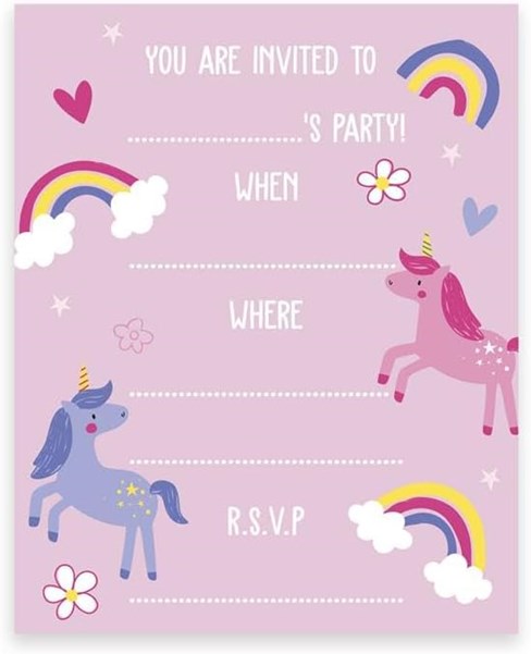 Pack Of 20 Children's Birthday Party Invites With Envelopes - Unicorn