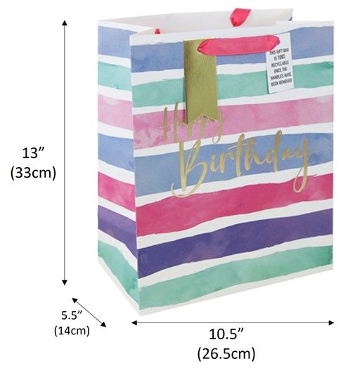Large Birthday Gift Bag - Pink Lilac White Stripe Silver Foil & Tag 13x10.5" Large Birthday Gift Bag - Pink Lilac White Stripe Silver Foil & Tag 13x10.5"
