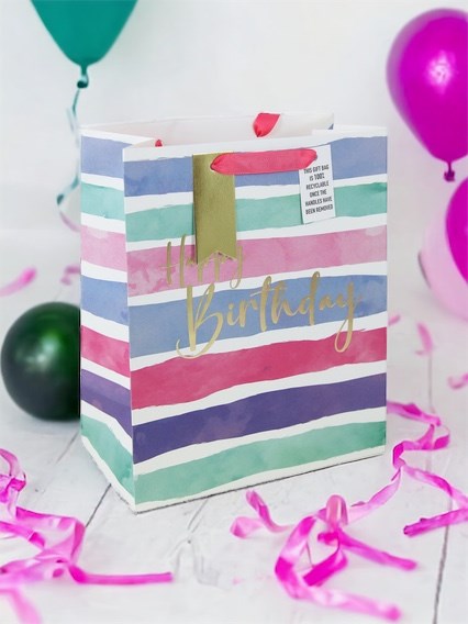 Large Birthday Gift Bag - Pink Lilac White Stripe Silver Foil & Tag 13x10.5" Large Birthday Gift Bag - Pink Lilac White Stripe Silver Foil & Tag 13x10.5"