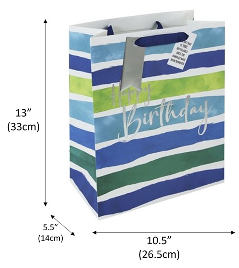 Large Birthday Gift Bag - Blue Green and White Stripe with Silver Foil 13x10.5" Large Birthday Gift Bag - Blue Green and White Stripe with Silver Foil 13x10.5"