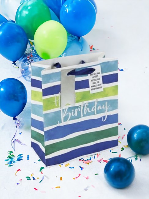 Large Birthday Gift Bag - Blue Green and White Stripe with Silver Foil 13x10.5" Large Birthday Gift Bag - Blue Green and White Stripe with Silver Foil 13x10.5"