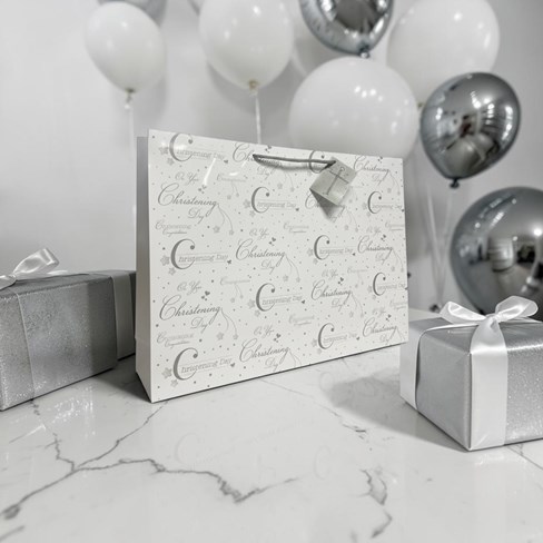 Extra Large Christening Gift Bag - Landscape White Silver Writing 17.5x13x4" Extra Large Christening Gift Bag - Landscape White Silver Writing 17.5x13x4"