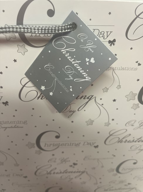 Extra Large Christening Gift Bag - Landscape White Silver Writing 17.5x13x4" Extra Large Christening Gift Bag - Landscape White Silver Writing 17.5x13x4"