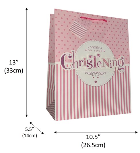 Large Christening Girl Gift Bag - Pink White Stripes and Spots 3d Letters 13x10" Large Christening Girl Gift Bag - Pink White Stripes and Spots 3d Letters 13x10"