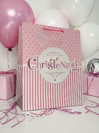 Large Christening Girl Gift Bag - Pink White Stripes and Spots 3d Letters 13x10" Large Christening Girl Gift Bag - Pink White Stripes and Spots 3d Letters 13x10"