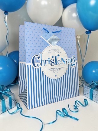 Large Christening Boy Gift Bag - Blue White Stripes and Spots 3d Letters 13x10" Large Christening Boy Gift Bag - Blue White Stripes and Spots 3d Letters 13x10"