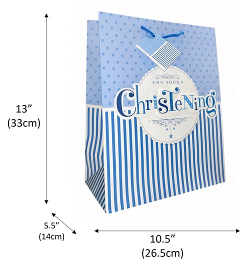 Large Christening Boy Gift Bag - Blue White Stripes and Spots 3d Letters 13x10" Large Christening Boy Gift Bag - Blue White Stripes and Spots 3d Letters 13x10"