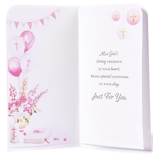 First Holy Communion Greeting Card - Pink Flowers Balloons Gold Foil 8.75x4" First Holy Communion Greeting Card - Pink Flowers Balloons Gold Foil 8.75x4"