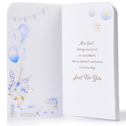 First Holy Communion Greetings Card - Blue Flowers Balloons Gold Foil 8.75x4" First Holy Communion Greetings Card - Blue Flowers Balloons Gold Foil 8.75x4"