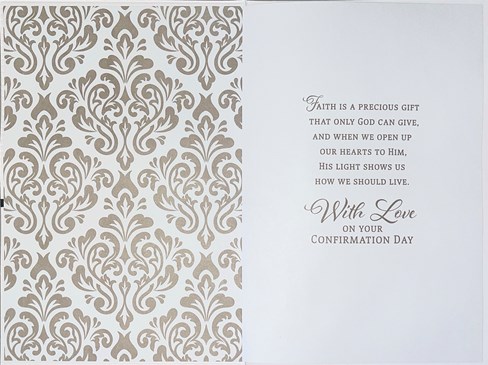 Son Confirmation Day Card - White with Gold Foil Swirls Cross Black Ribbon 9x6" Son Confirmation Day Card - White with Gold Foil Swirls Cross Black Ribbon 9x6"