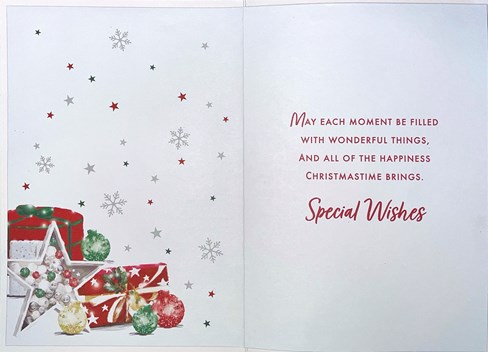 Godmother Christmas Card - Presents Baubles 3d Red Glitter Silver Foil 7.5x5.25" Godmother Christmas Card - Presents Baubles 3d Red Glitter Silver Foil 7.5x5.25"