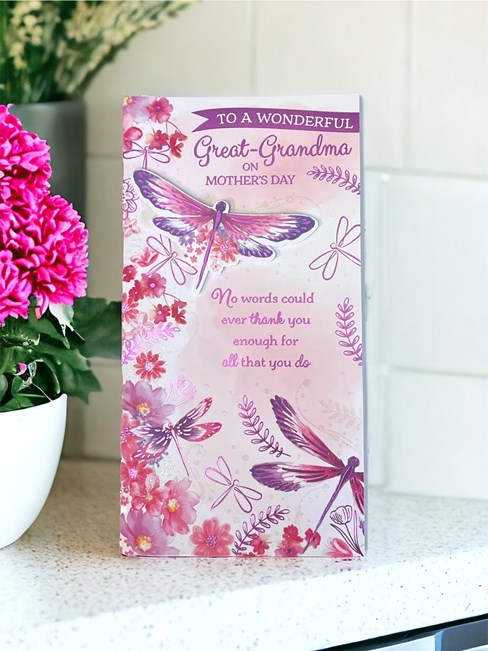 Great Grandma Mother's Day Card - Pink Lilac Dragonflies Lilac Foil 9x4.75" Great Grandma Mother's Day Card - Pink Lilac Dragonflies Lilac Foil 9x4.75"
