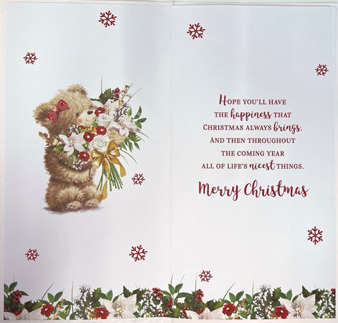 Friend Christmas Card - Bear with Red White Flowers Ribbon & Gold Foil 9x4.75" Friend Christmas Card - Bear with Red White Flowers Ribbon & Gold Foil 9x4.75"