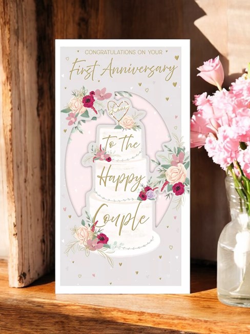 First 1st Wedding Anniversary Card - Cake Flowers and Hearts with Foil 9x4.75" First 1st Wedding Anniversary Card - Cake Flowers and Hearts with Foil 9x4.75"