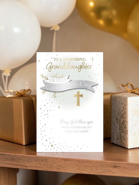 Granddaughter Confirmation Day Card - Silver Foil Banner & Gold Foil Cross 9x6" Granddaughter Confirmation Day Card - Silver Foil Banner & Gold Foil Cross 9x6"