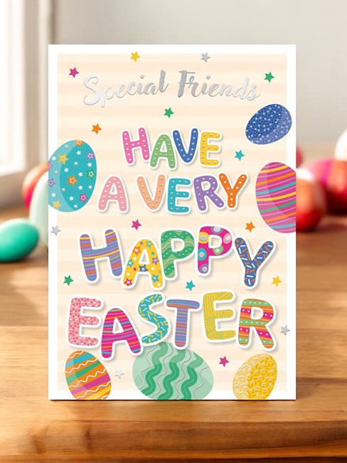 Special Friends Happy Easter Card - Coloured Eggs Writing Silver Foil 7.7x5.25" Special Friends Happy Easter Card - Coloured Eggs Writing Silver Foil 7.7x5.25"