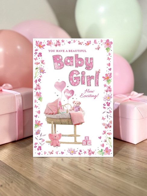 Birth of New Baby Girl Card - Pink Moses Basket Flower Border & Foil 7.75x5.25" Birth of New Baby Girl Card - Pink Moses Basket Flower Border & Foil 7.75x5.25"