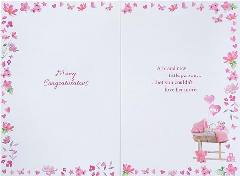 Birth of New Baby Girl Card - Pink Moses Basket Flower Border & Foil 7.75x5.25" Birth of New Baby Girl Card - Pink Moses Basket Flower Border & Foil 7.75x5.25"