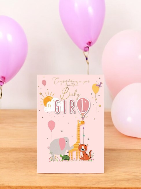 Birth Of Baby Girl Card - Jungle Animals with Balloons and Gold Foil 7.75x5.25" Birth Of Baby Girl Card - Jungle Animals with Balloons and Gold Foil 7.75x5.25"