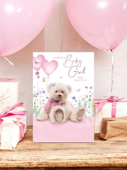 Birth of New Baby Girl Card - Teddy with Pink Heart Balloons Flowers 7.75x5.25" Birth of New Baby Girl Card - Teddy with Pink Heart Balloons Flowers 7.75x5.25"