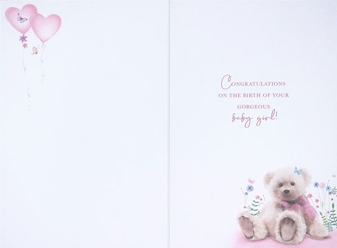 Birth of New Baby Girl Card - Teddy with Pink Heart Balloons Flowers 7.75x5.25" Birth of New Baby Girl Card - Teddy with Pink Heart Balloons Flowers 7.75x5.25"