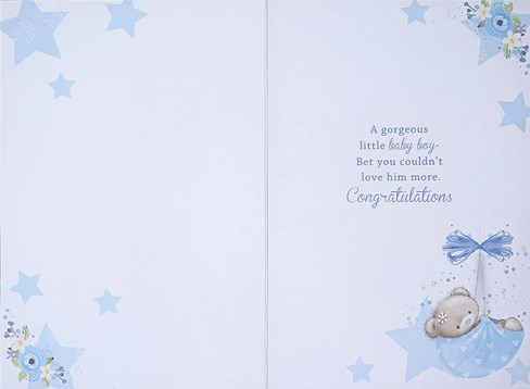 Birth of New Baby Boy Card - White Star with Teddy in Blue Hammock 7.75x5.25" Birth of New Baby Boy Card - White Star with Teddy in Blue Hammock 7.75x5.25"