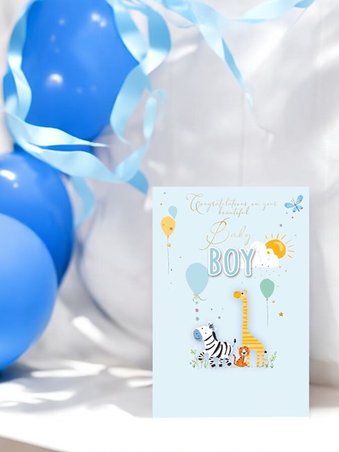 Birth Of Baby Boy Greetings Card - Animals With Balloons & Gold Foil 7.75x5.25" Birth Of Baby Boy Greetings Card - Animals With Balloons & Gold Foil 7.75x5.25"