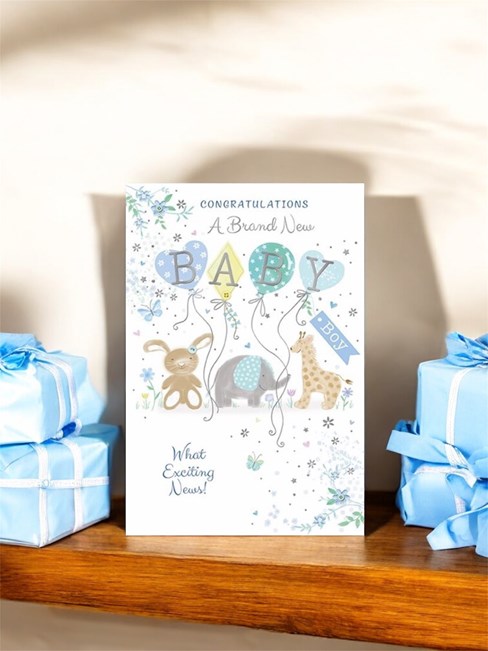 Birth of New Baby Boy Card - Animals with Blue Green Balloons & Foil 7.75x5.25" Birth of New Baby Boy Card - Animals with Blue Green Balloons & Foil 7.75x5.25"