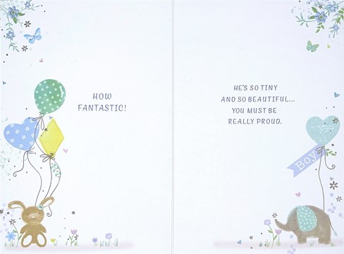 Birth of New Baby Boy Card - Animals with Blue Green Balloons & Foil 7.75x5.25" Birth of New Baby Boy Card - Animals with Blue Green Balloons & Foil 7.75x5.25"