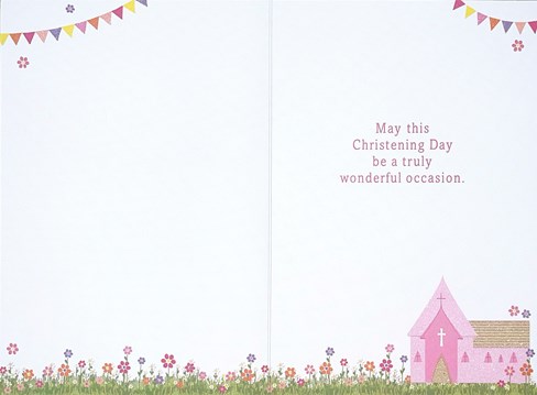Girl's Christening Day Card - Pink Church Bunting Flowers Silver Foil 7.75x5.25" Girl's Christening Day Card - Pink Church Bunting Flowers Silver Foil 7.75x5.25"