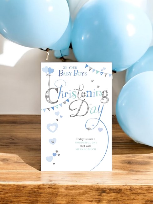 Baby Boy Christening Day Card - Blue Hearts Bunting and Silver Foil 7.75x5.25" Baby Boy Christening Day Card - Blue Hearts Bunting and Silver Foil 7.75x5.25"