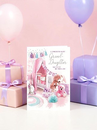 New Baby Granddaughter Card- Cot in Pink & Lilac Nursery Silver Foil 7.5x5.2" New Baby Granddaughter Card- Cot in Pink & Lilac Nursery Silver Foil 7.5x5.2"