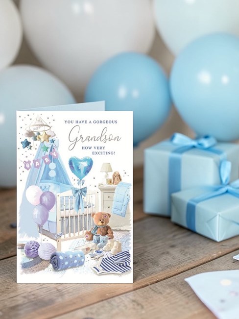 Birth of New Baby Grandson Card - Blue White Nursery with Silver Foil 7.75x5.25" Birth of New Baby Grandson Card - Blue White Nursery with Silver Foil 7.75x5.25"