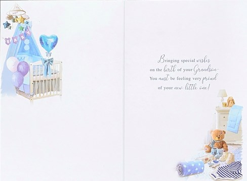 Birth of New Baby Grandson Card - Blue White Nursery with Silver Foil 7.75x5.25" Birth of New Baby Grandson Card - Blue White Nursery with Silver Foil 7.75x5.25"