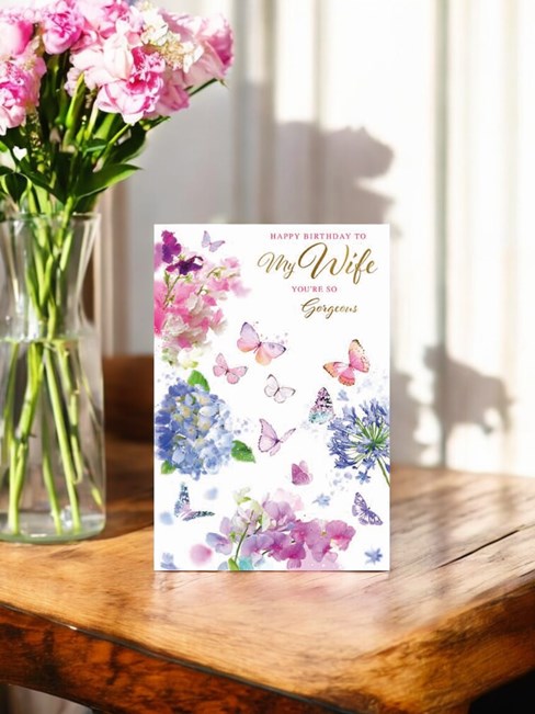 Wife Birthday Card - Pink & Lilac Flowers Butterflies with Gold Foil 7.75x5.25" Wife Birthday Card - Pink & Lilac Flowers Butterflies with Gold Foil 7.75x5.25"